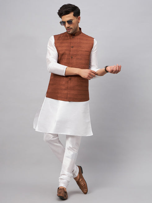 Vastramay Men's Coffee Matka Silk Nehru Jacket With White Silk Blend Kurta Pyjama Set